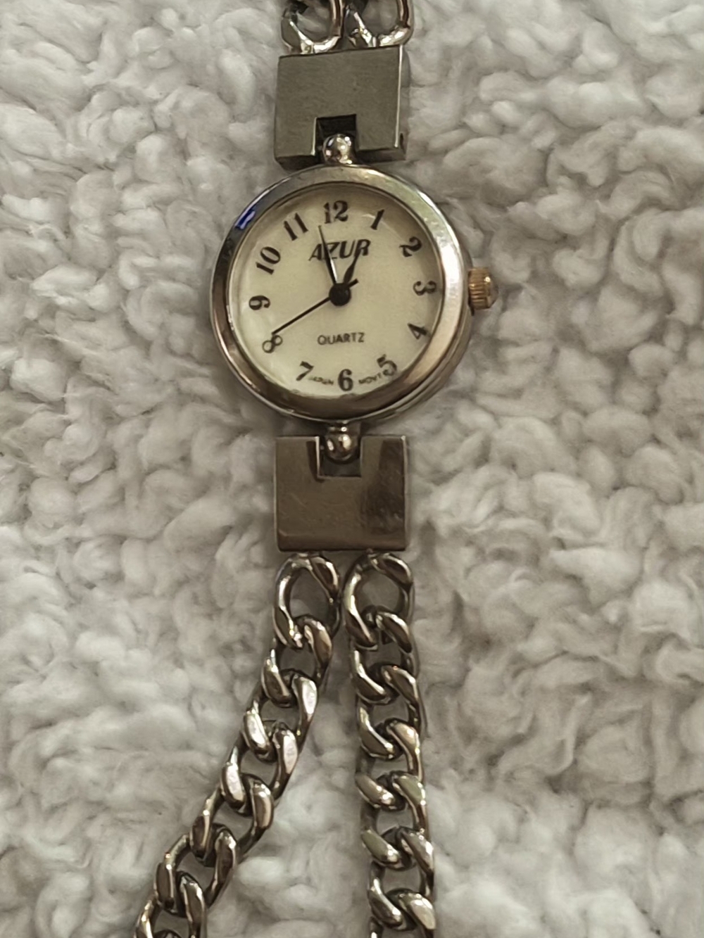 Vintage Azur Silver Tone Quartz Double Chain Link Bracelet Watch - NEW Battery!